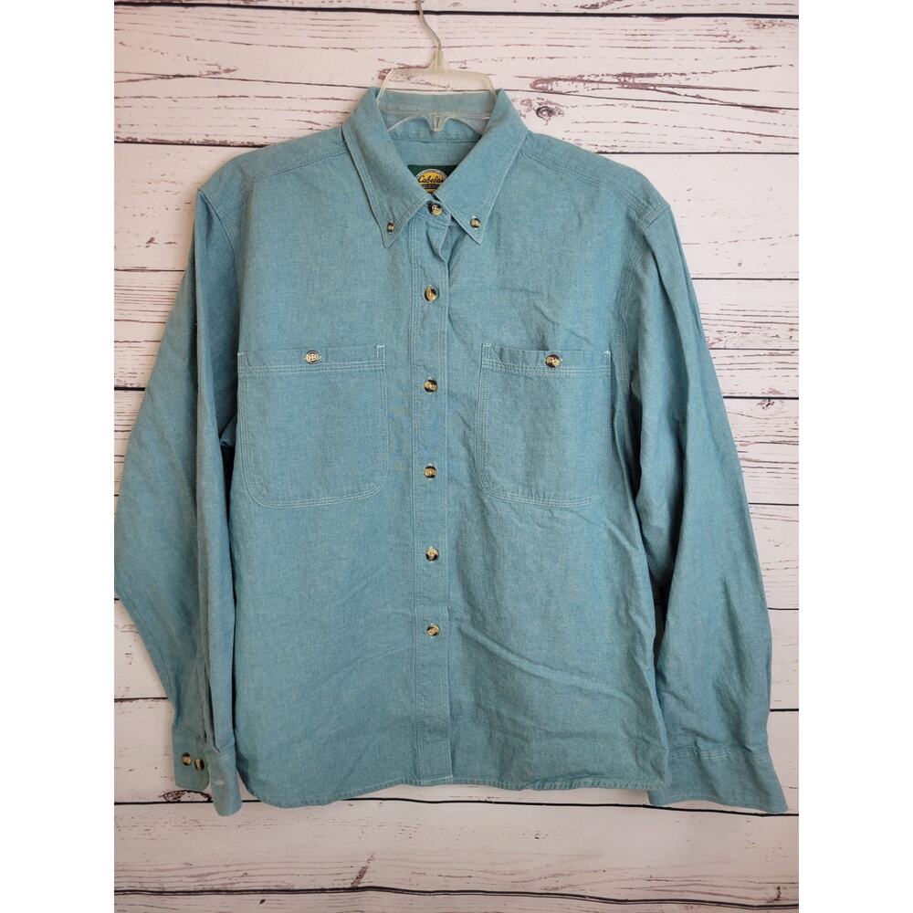 Vintage‎ Cabela's Button Down Shirt Green Pockets Long Sleeve Women's Size Large